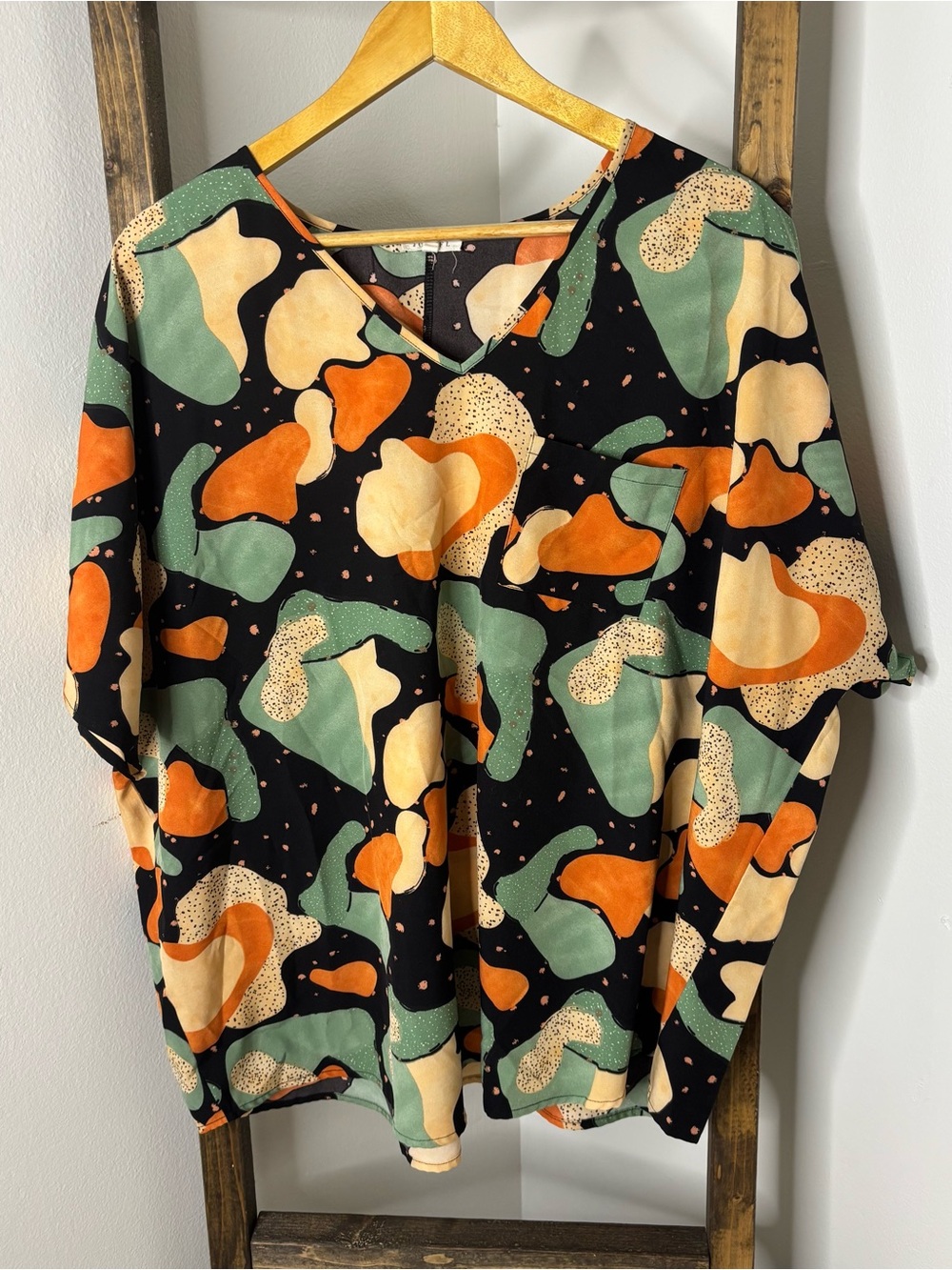 Jodifl Abstract Print V-Neck Blouse in Black, Green & Orange Size S